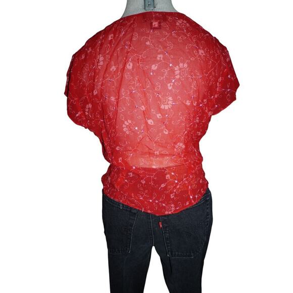 Ann Taylor Silk Blouse Women’s Size 10 Red Floral Tie Front Sheer Top Short Slee - Picture 7 of 12